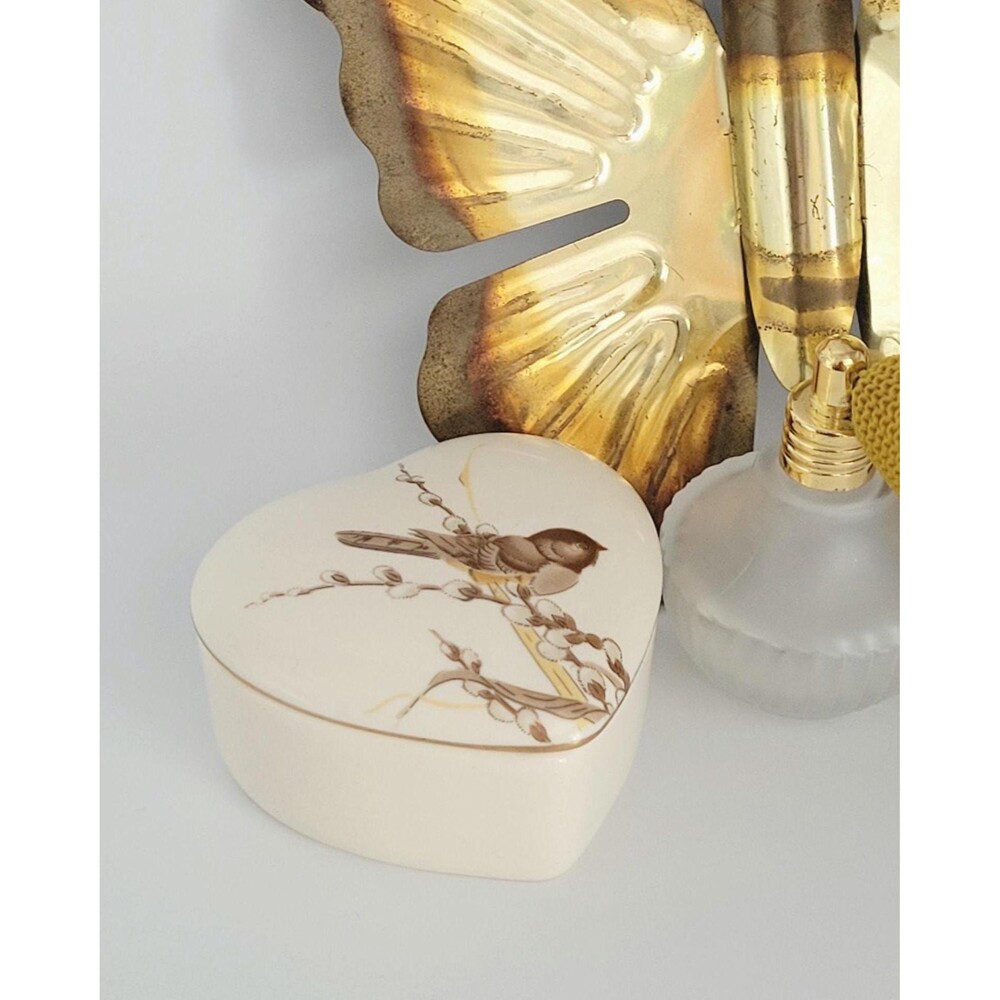 Vintage Heart Shaped Trinket Box Bird with Gold Trim by Otagiri Japan